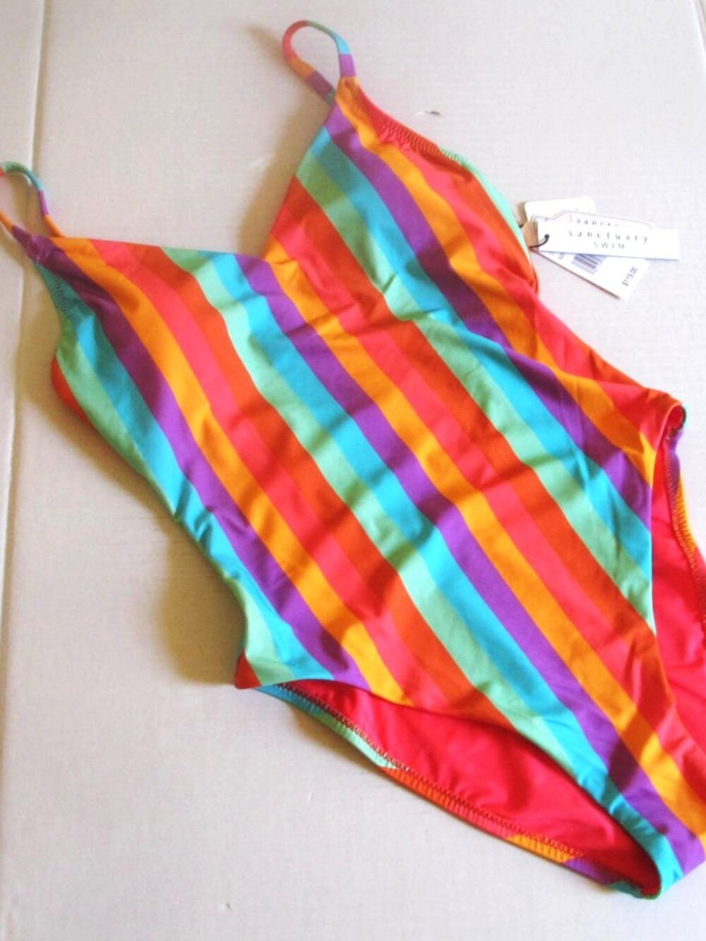 Sanctuary Strappy-Back High-Leg One Piece Swimsuit SMALL Striped Multi $119 - Picture 6 of 10